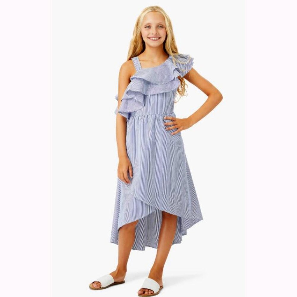 Habitual Girl (Nordstrom Brand) Olympia One-Shoulder Blue & White Striped Dress